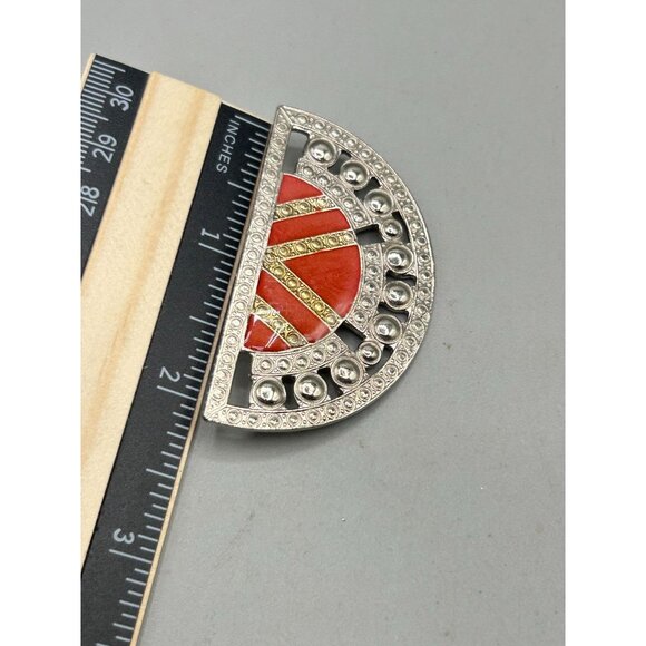 Art Deco Inspired Vintage Brooch Red Enamel Silver Tone Semi Circle Pin - Picture 6 of 6
